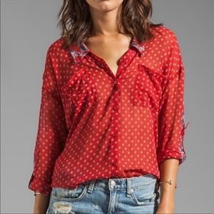 FREE PEOPLE Red Sheer Floral Flowy Blouse M